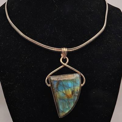 Blue Flash Labradorite Sterling Silver Pendant with Sterling Silver Omega Chain