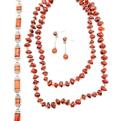 Vintage Amber Jewelry Set | Pierced Earrings | Bracelet | Necklace  
