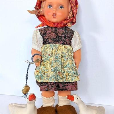 Vintage MJ Goebel Hummel Vinyl Goose Girl Dolle with 2 Geese