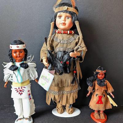 3 Native American Dolls | Carlson | Cathay Porcelain | Oglala Sioux Reservation Gift