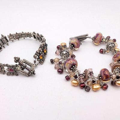 2 Silver Tone Beaded Bracelets | Glass Beads | Dyed Freshwater Pearls | Crystals
