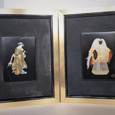 Pair of Japanese Wajima Laquerware Kabuki Dancer and Geisha Framed Art Panels