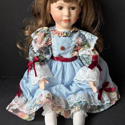 Vintage Porcelain Doll with Pinstripe and Floral Dress Long Brunette Hair