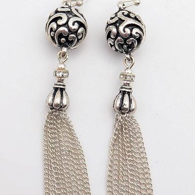 Silver Tone Chain Tassel Dangle Earrings with Swirl Bead 