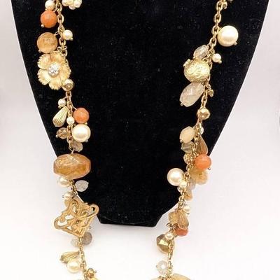 Long Gold Tone Quartz, Faux & Freshwater Pearl with Enamel and Gold Tone Baubles Necklace