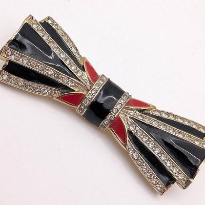 Vintage Enamel and Rhinestone Bow Pin
