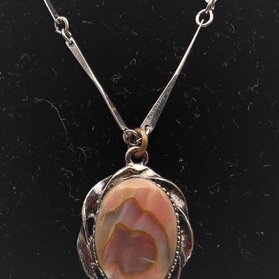 Vintage Silver Tone Link Necklace with Abolone Pendant