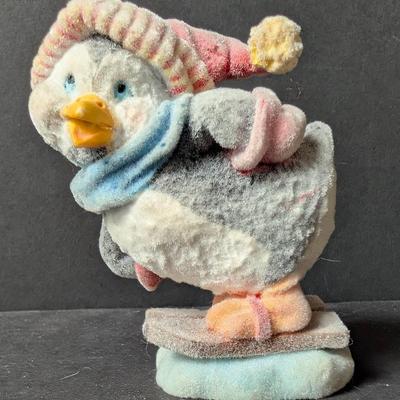 Vintage Flocked Skiing Penguin Christmas Figure