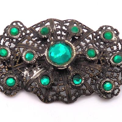 Vintage Filigree Brooch with Green Rhinestones