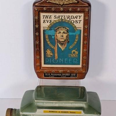 2 Vintage Jim Beam Decanters | Saturday Evening Post Pioneer | Powell & Mason Cable Car