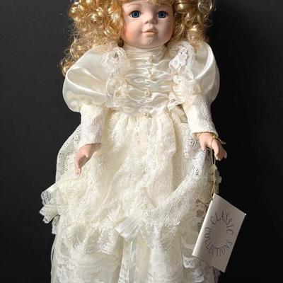 Vintage Porcelain Doll | Blonde Hair | Off White Dress by Classic Collections - Federated Dept Store