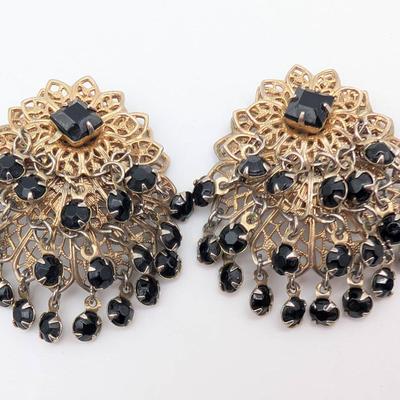 Vintage Black Rhinestone Filigree Dangle Clip On Earrings