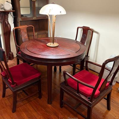 Round Wooden Table & Four Chairs & One Lamp 