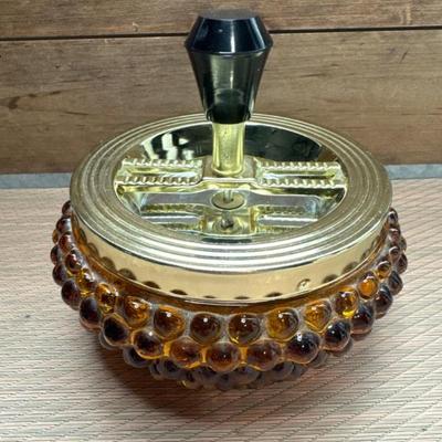 Hobnail Amber Glass Push Spin Ashtray