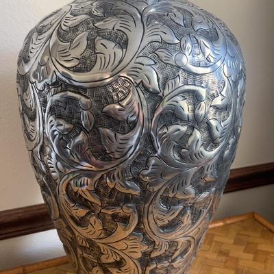 Embossed Floral-Designed Metal Vase #1