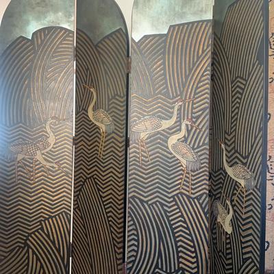 4-pan Wooden Room Devider With Embossed  Cranes Images