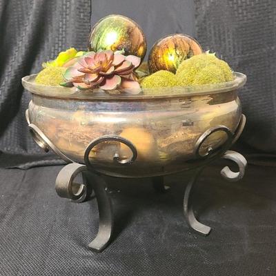 Glass Bowl of Artificial Plants and Decorative Balls