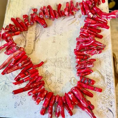 Sale Photo Thumbnail #28: Large string of heavy antique red coral pieces 