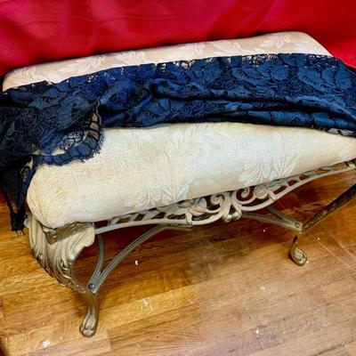 1890s gilt cast iron upholstered vanity bench