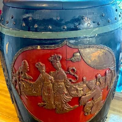 Sale Photo Thumbnail #23: Antique painted wooden rice barrel