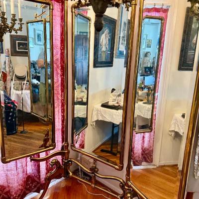 Sale Photo Thumbnail #1: 1890s Brass & Cast Iron Department Store 3-way mirror