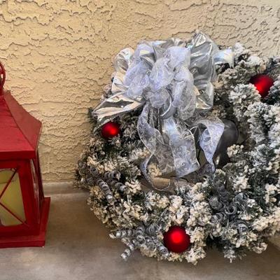 Faux Snow Wreath And Red Lantern 
