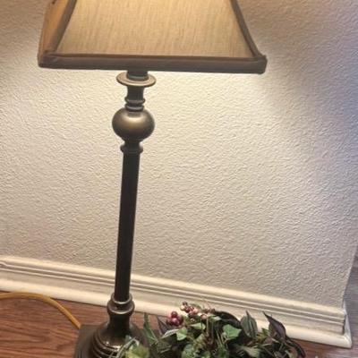 Vintage Metal Victorian Table Lamp, And Silk Plant In A Metal Pot