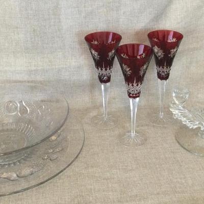Waterford Red Glasses, Glass Bowl, Serving Tray , And Candle Holders
