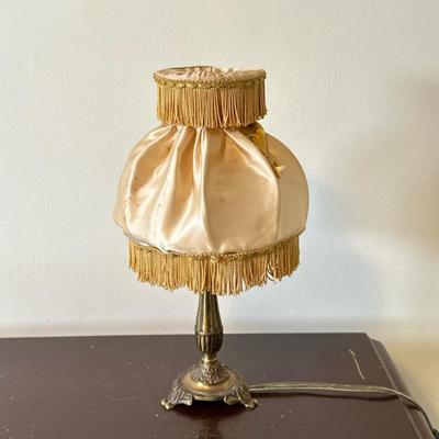 Vintage Brass Bedside Table Lamp with Boudoir Lampshade | Vintage (1920s-1960s) brass bedside table lamp with a candlestick-style base...
