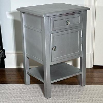Two-Drawer Painted Side Table - Grey | Wooden side table painted grey with flat top, one drawer and one cabinet door with jeweled floral...