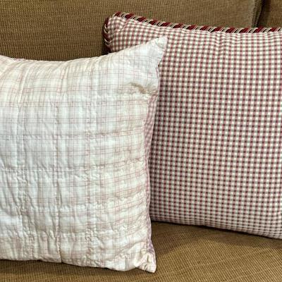 (2pc) Throw Pillows - Gingham & Plaid | Two square throw pillows, one with red and green gingham pattern and a piped/twisted trim,...