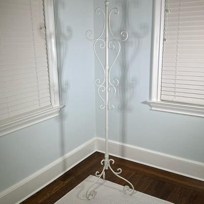 White-Painted Iron Coat Rack | Vintage white-painted metal/iron coat rack with a tall, slender frame and elegant scrollwork, offering...