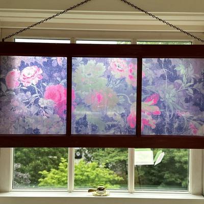 Custom Window/Frame Art | Custom window/frame art with decorative film, featuring vintage-style peonies in a faded, distressed design. -...