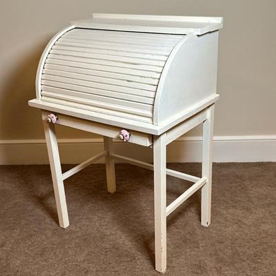 Roll-Top Secretary Desk - White | Small roll-top secretary desk with organizing cubbies within, painted white with pink ceramic knobs...