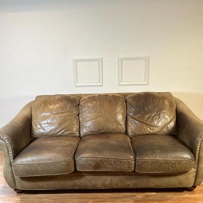 Brown Leather Sofa Couch with SureFit Leather Sofa Slipcover | Modern brown leather sofa couch features three seat and backrest cushions,...