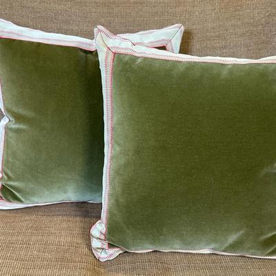 (2pc) Throw Pillows - Green Velvet 1/2 | Two square reversible throw pillows with green velvet fabric and white trim, with solid green...