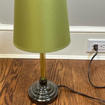 Green Cut Glass Column Table Lamp | Vintage (mid 20th century) green cut glass column table lamp with green lampshade. - h. 15 x dia. 5 in
