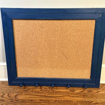 Cork Board - Gold Painted Frame - 2/2 | Large cork board with five hooks for keys or small items, featuring a blue painted wooden frame...