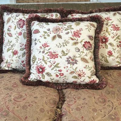 (3pc) Throw Pillows - Red & White Florals | Three square reversible throw pillows with red floral motifs on a white background and...