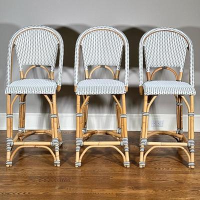 (3pc) Serena & Lily Rattan Counter Stools | Three Serena and Lily (Sausalito, California) "Riviera" style rattan counter...