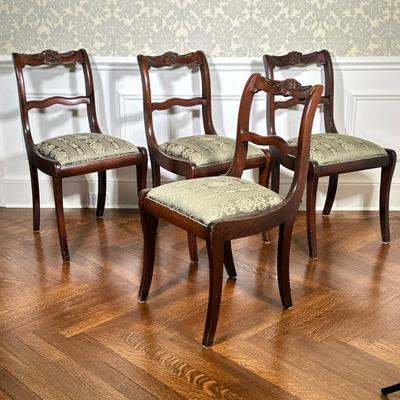 (4pc) Duncan Phyfe Style Dining Chairs | Vintage Duncan Phyfe style dining chairs, including four guest/side chairs of carved wood with...