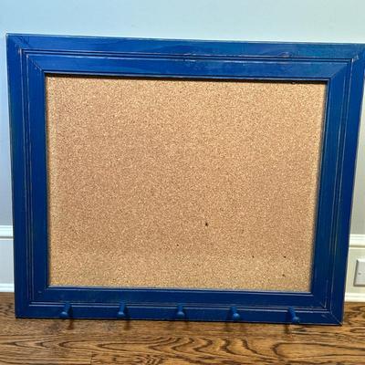 Cork Board - Blue Painted Frame - 1/2 | Large cork board with five hooks for keys or small items, featuring a blue painted wooden frame...