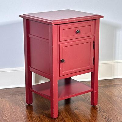 Two-Drawer Painted Side Table - Cranberry | Wooden side table painted red with flat top, one drawer and one cabinet door with black...
