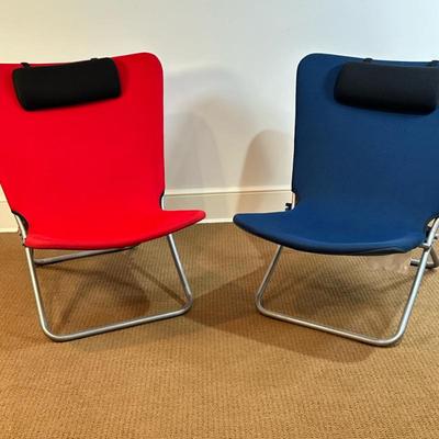 (2pc) Folding Lounge/Camping Chairs | Modern space-saving folding lounge chairs for camping, tailgating, the beach, etc. in red and blue....