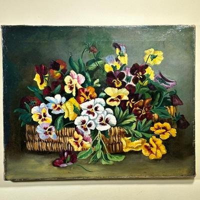 Unknown Artist (American, 19th Century) Oil Painting - "...Pansies" | Colorful painting of pansies in a basket, "Still...
