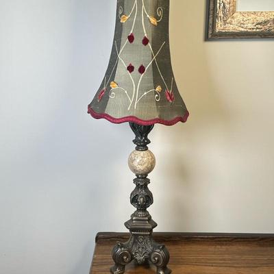 Bronze & Marble Sphere Table Lamp | Vintage bronze and marble table lamp with an ornately carved base, marble-like center sphere, and...