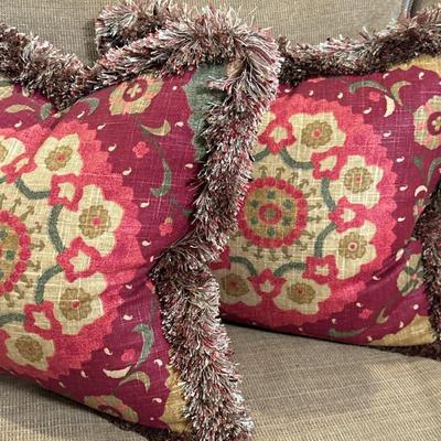 (2pc) Throw Pillows - Red Geometric Pillows 2/2 | Two square throw pillows with geometric pattern and fringed trim. Set 2/2 - h. 17 x w....