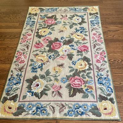 Needlepoint Floral Area Rug | Vintage French-style needlepoint area rug with multicolor floral details. - w. 32.5 x l. 58 in
