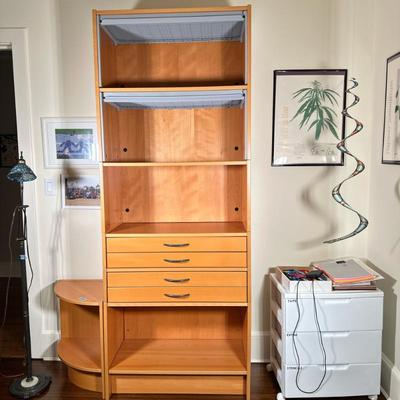 Swedish Style Bookshelf/Cabinet | Swedish-style bookshelf/cabinet unit with four narrow drawers, four shelves, and gray pull-down screens...