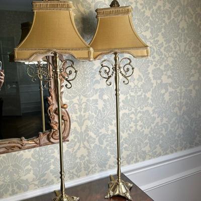 (2pc) Chelsea House Brass Buffet Lamps | Chelsea House (North Carolina) pair of antique-style gold-finish buffet lamps with slender brass...